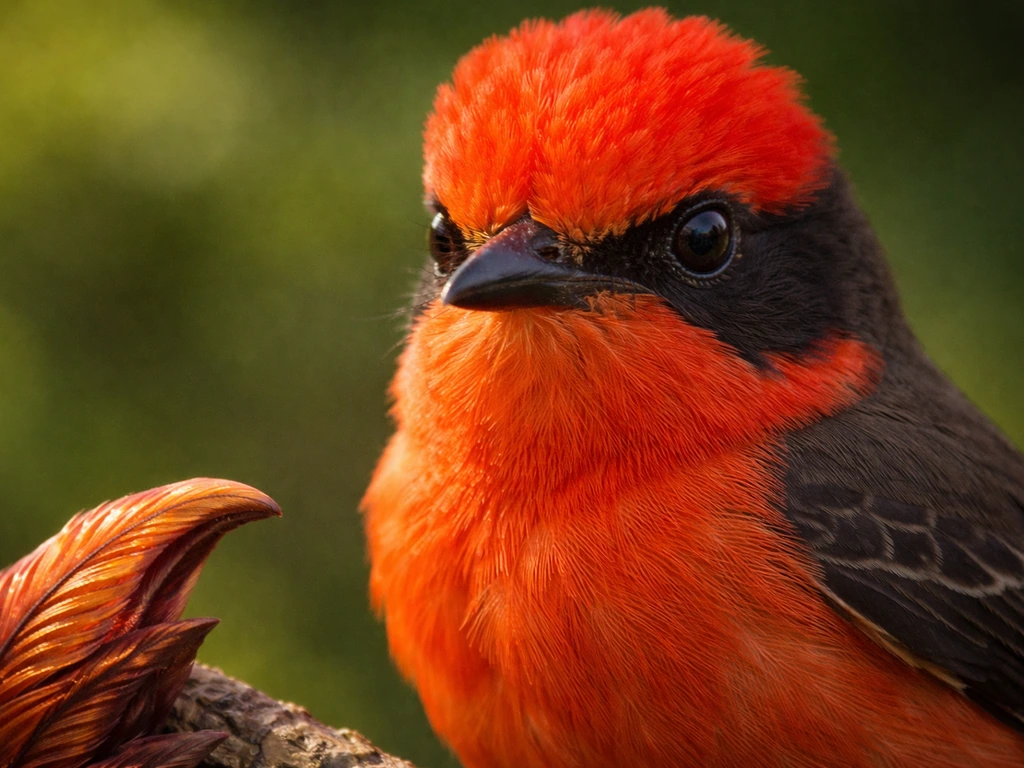 Close-up of a vermilion flycatcher face showing dark facial mask and bill markings, with a separate hooked-beak phoenix