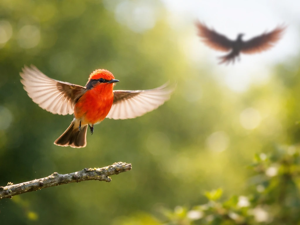 Vermilion flycatcher fluttering in flight with a distant phoenix-like silhouette glide in the background.