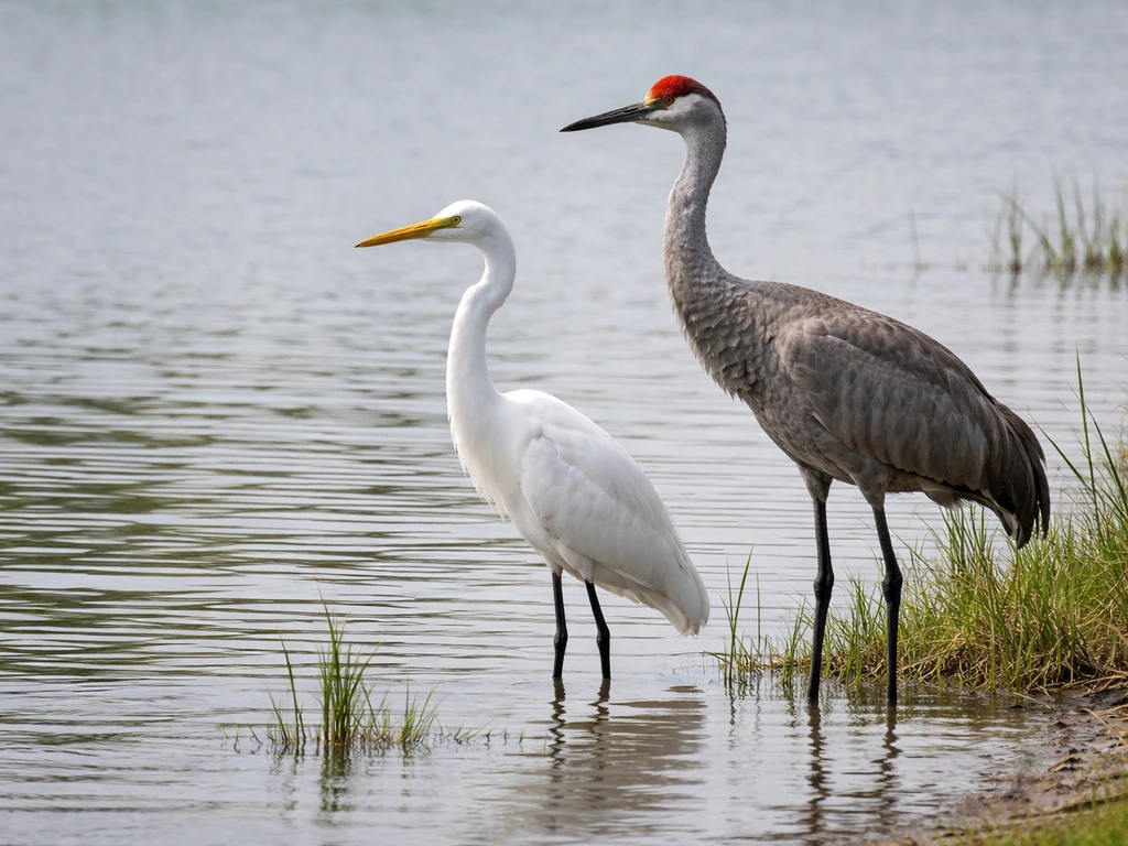 An egret and a crane standing side by side in shallow water near reeds, photographed in natural light.