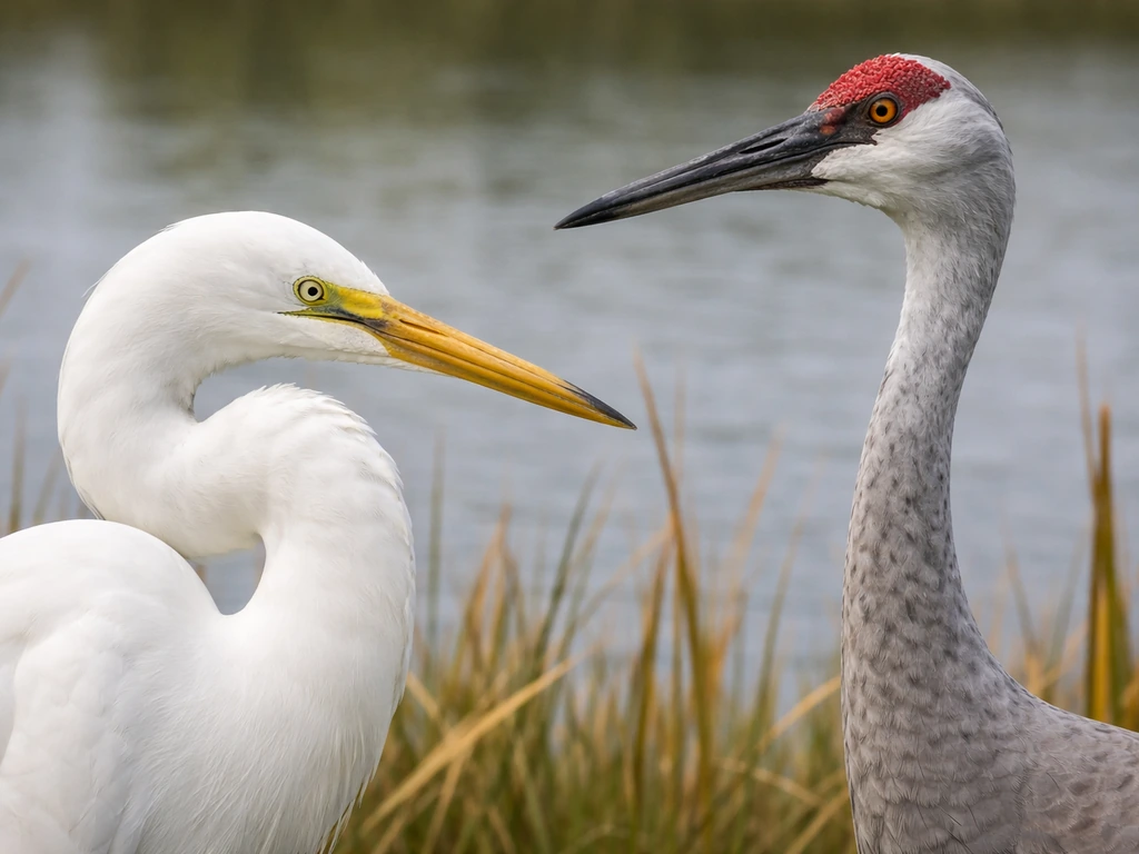Close-up of an egret with S-curved neck next to a crane with a straighter extended neck.