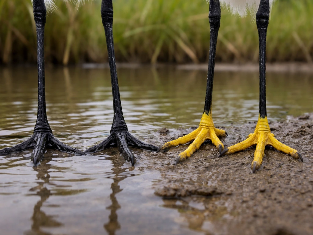 Side-by-side close-up of an egret’s black legs and feet and a snowy egret’s yellow feet in shallow water.
