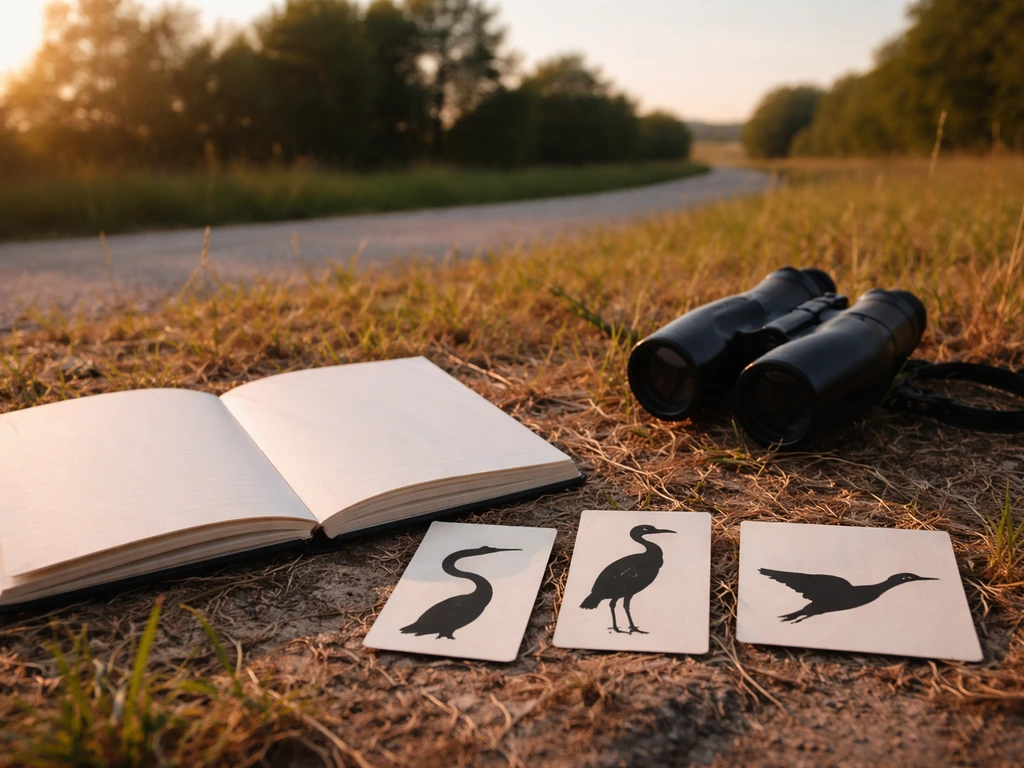 Minimal checklist-style photo showing a field guide, binoculars, and three bird-neck silhouette cards on grass