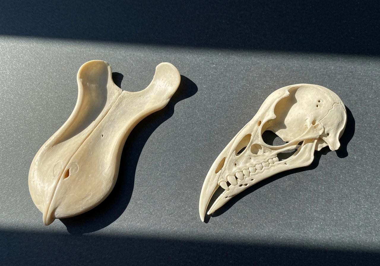 Close-up side profile comparison of a wide shoebill-like bill shape and a fossil-like skull bill shape in a minimal sett