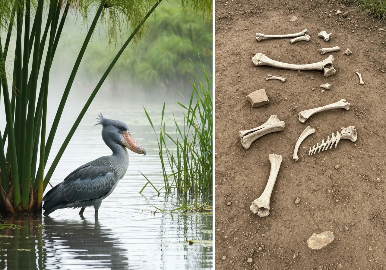Shoebill-like wader by papyrus in a freshwater swamp, contrasted with a small terrestrial predator fossil setting.