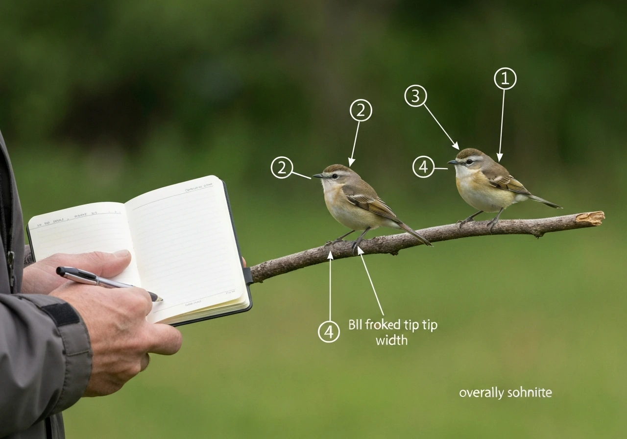 Close-up of two bird species comparison with a hand holding a field notebook and annotated checklist callouts