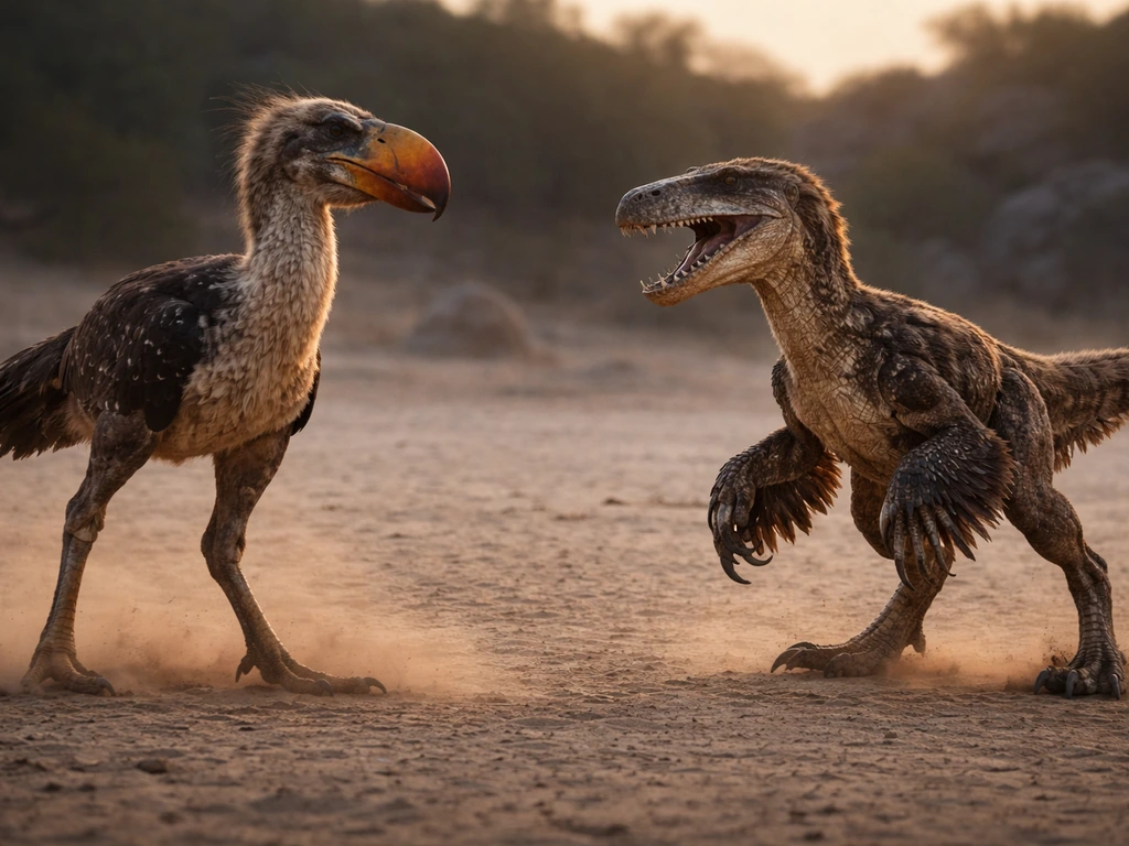 Terror bird and Utahraptor face off side-by-side on a sandy plain, highlighting beak and claw differences.