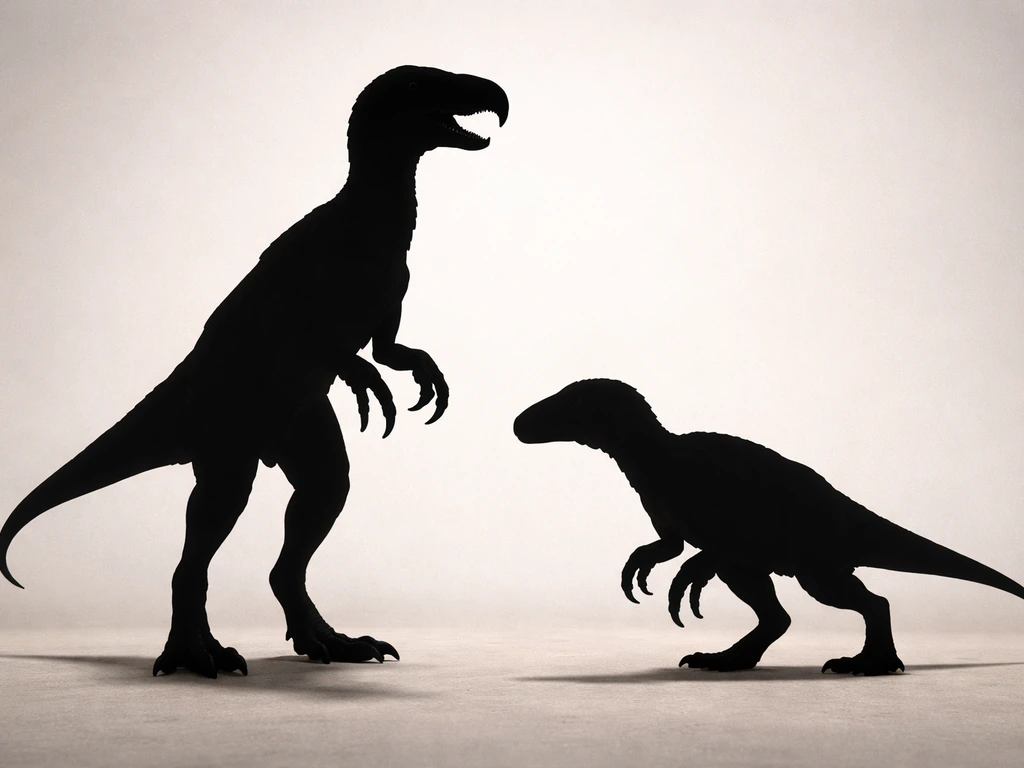 Split image of two dinosaur-like silhouettes: upright hooked-beak predator vs crouched raptor-like predator.