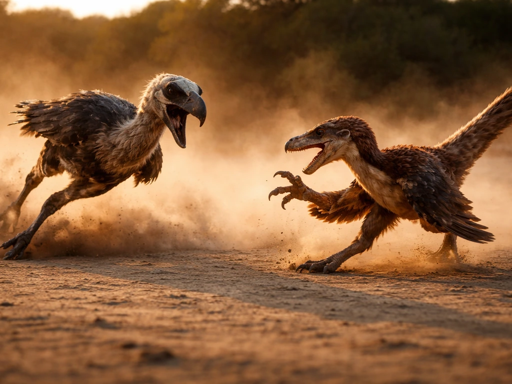 Two prehistoric birds in a dust-charged sprint and claw-lunge clash on a sandy plain.