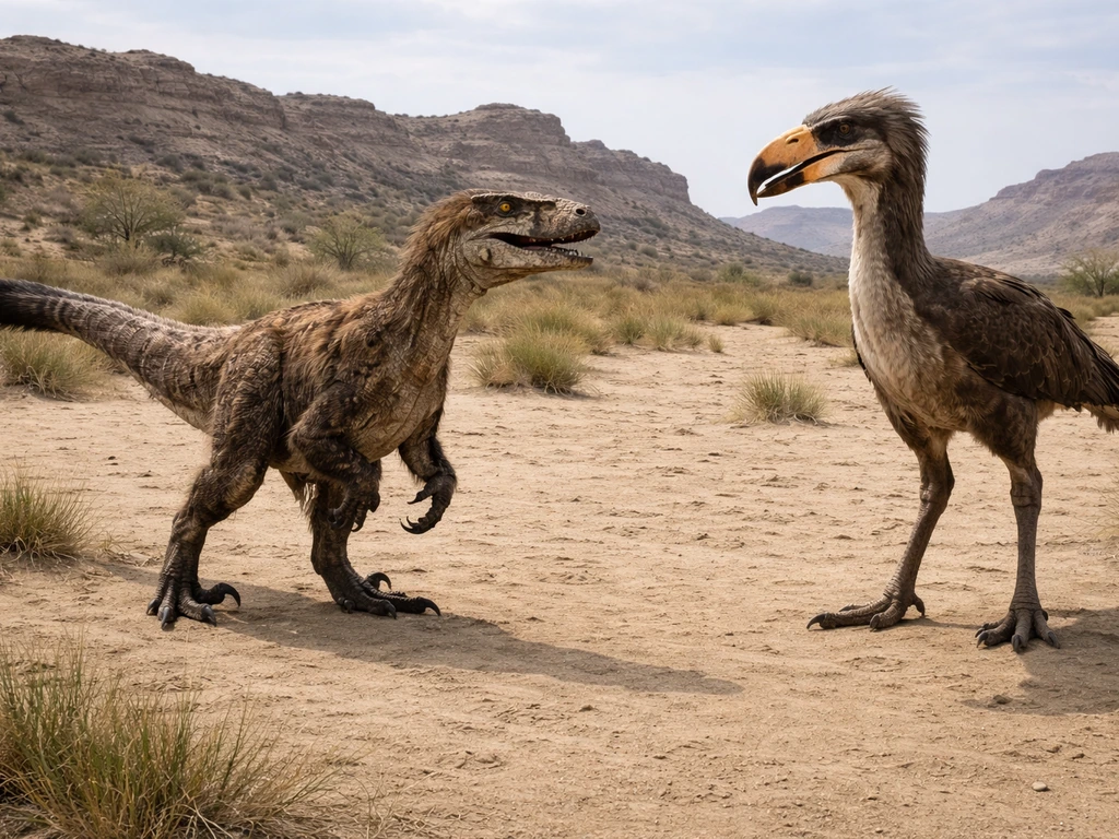 Utahraptor and terror bird facing off in a sparse prehistoric landscape, showing size and anatomy differences.