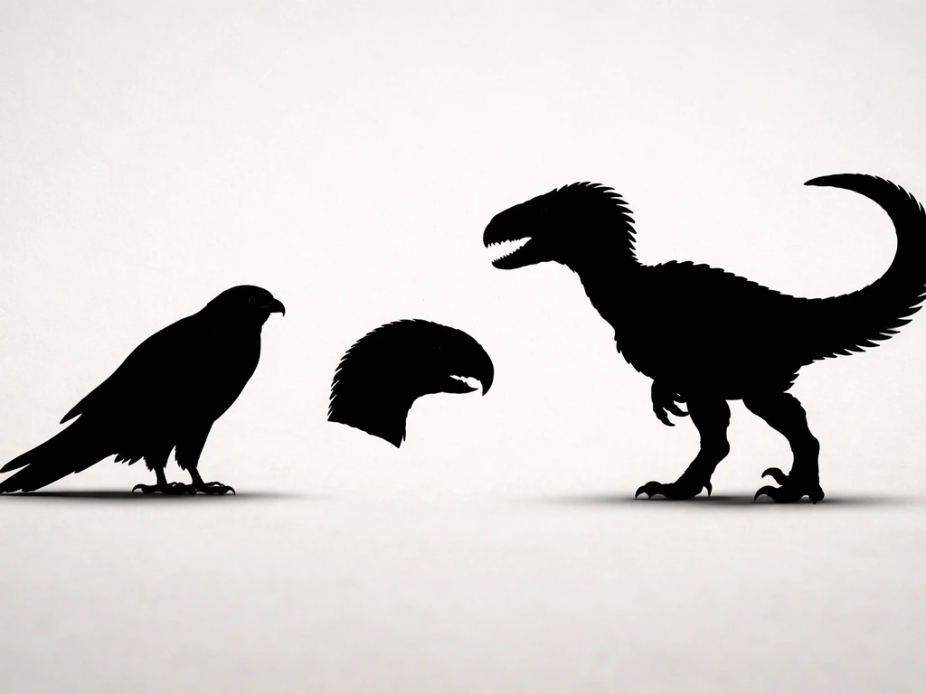 Minimal side-by-side silhouettes showing a raptor bird-of-prey and a large dromaeosaurid-like raptor with a terror-bird