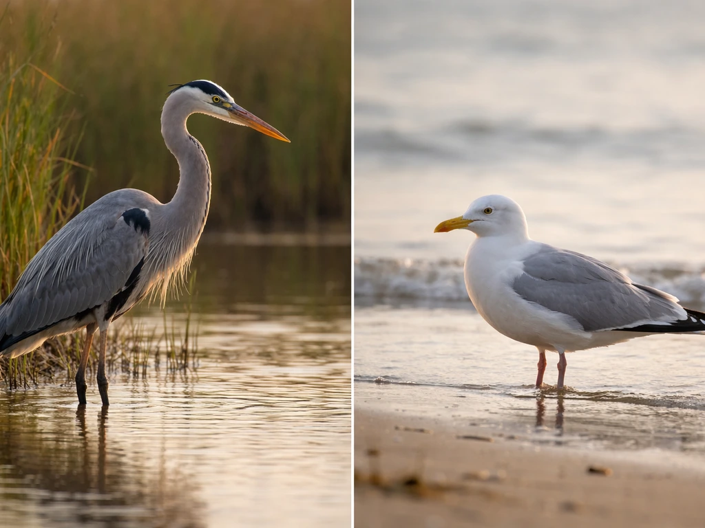 Tall heron silhouette beside a shorter herring gull-like silhouette in an outdoor marsh setting.