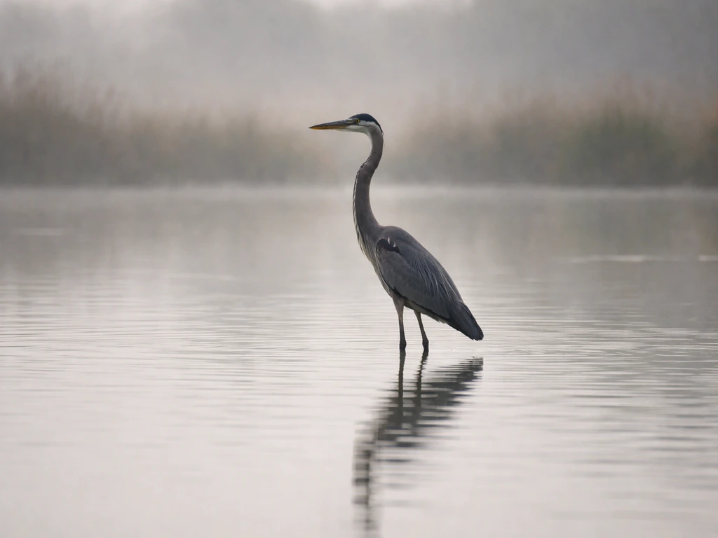 Tall great blue heron wading in a calm wetland, captured from a distance with angular silhouette