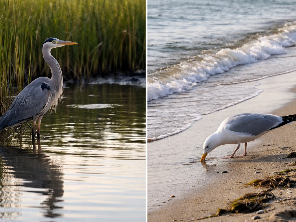 Great Blue Heron standing motionless in shallow marsh water while herring gulls feed on a sandy shoreline