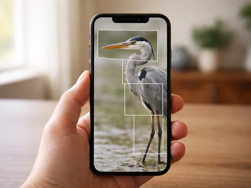 Close-up crop guide on a heron photo showing focus on bill, neck posture, and legs