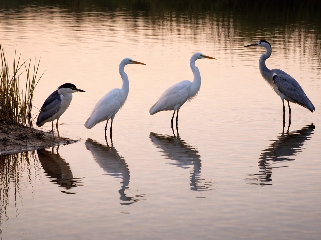 Several wading birds by a pond, with one darker night-heron-like silhouette among lighter heron-like birds.