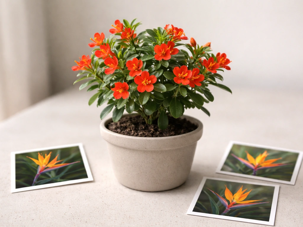 Close-up of a flowering red-orange plant on a table with three small inset frames hinting name confusion.