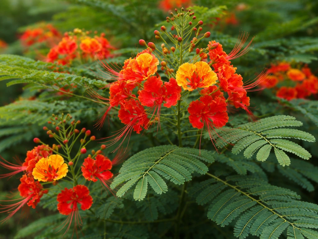 Close-up of red bird of paradise leaves and red/orange flower clusters in natural light.