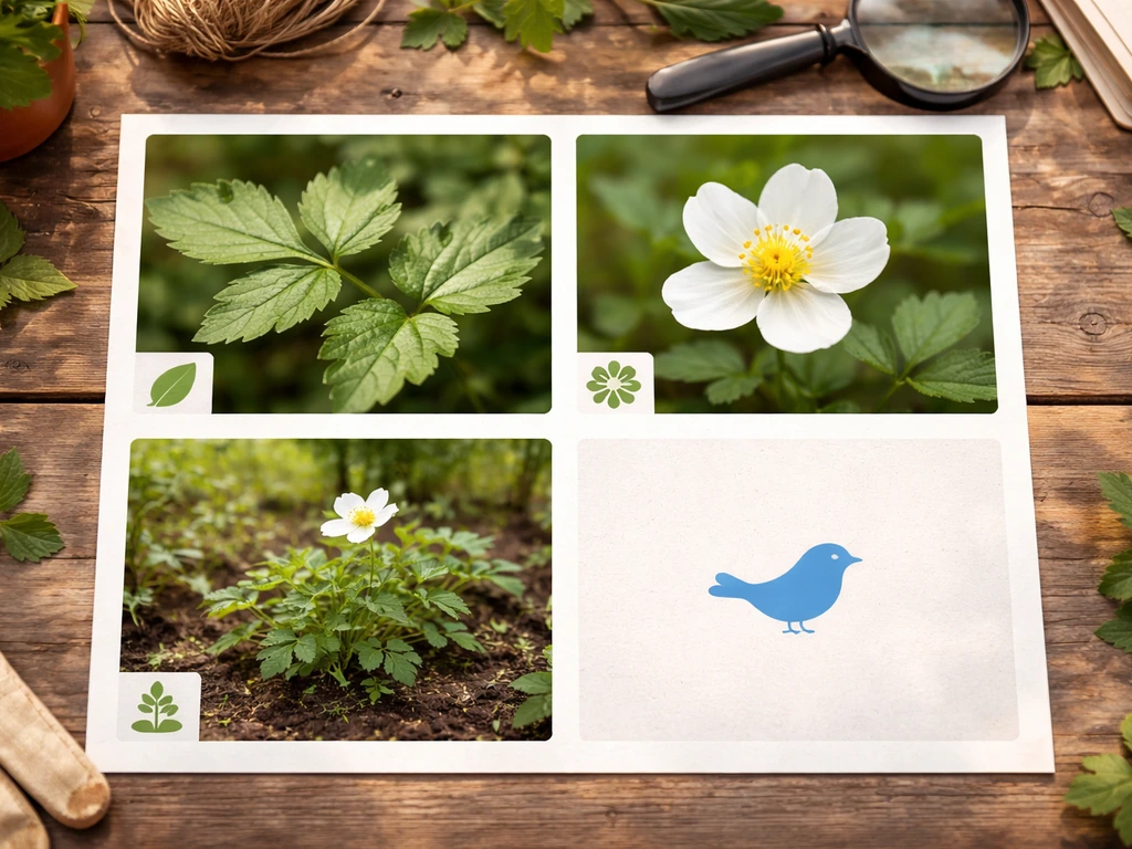 Minimal photo collage showing leaf, flower, and plant-in-yard context with plant vs bird icons (no text).