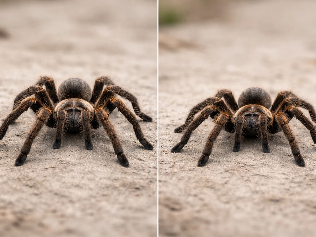 Close-up side-by-side of two tarantula-like spiders, focusing on leg span, posture, and leg arrangement