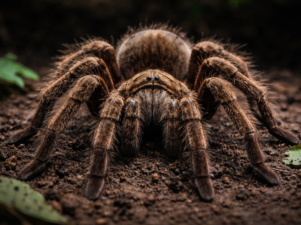 Close-up of a tarantula’s hairy body and legs on a simple natural surface, showing key features clearly.