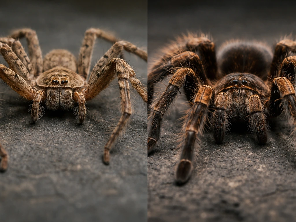 Close-up of huntsman spider laterigrade legs sprawled crab-like, with another spider’s legs positioned for comparison