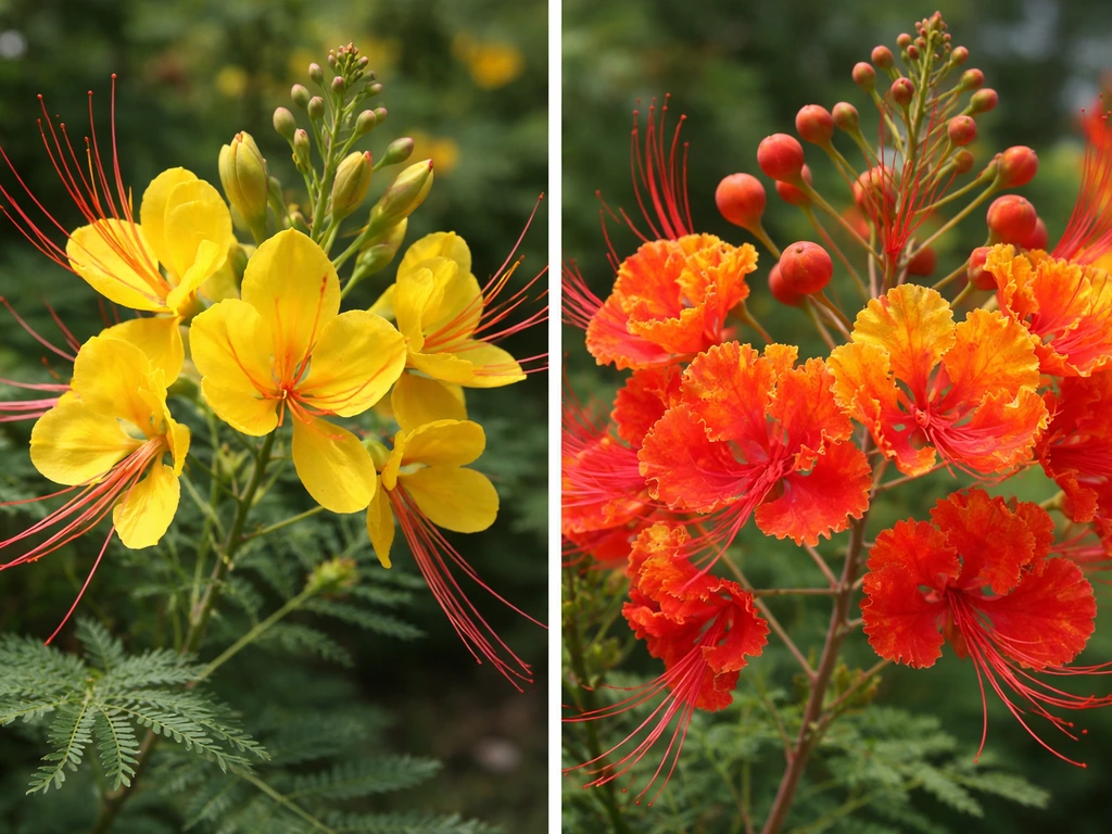 Side-by-side close-up of Mexican bird of paradise yellow flowers and Pride of Barbados red-orange ruffled blooms.
