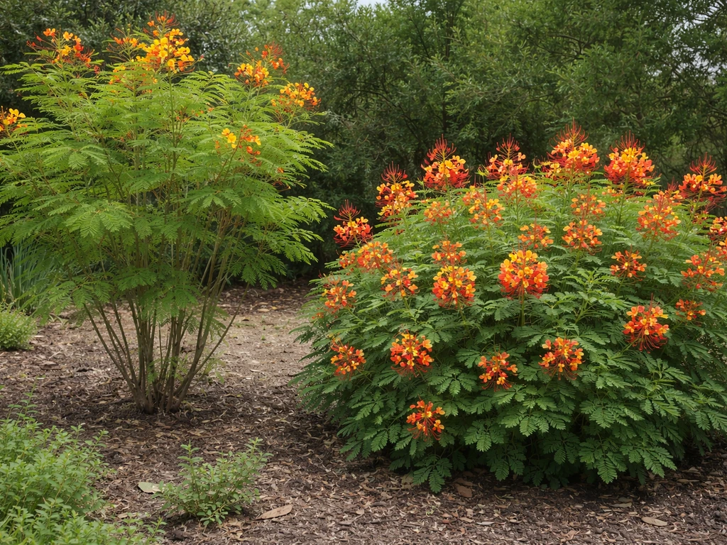 Two contrasting shrubs side by side: taller sparse bird-of-paradise form and denser Pride-of-Barbados mound.