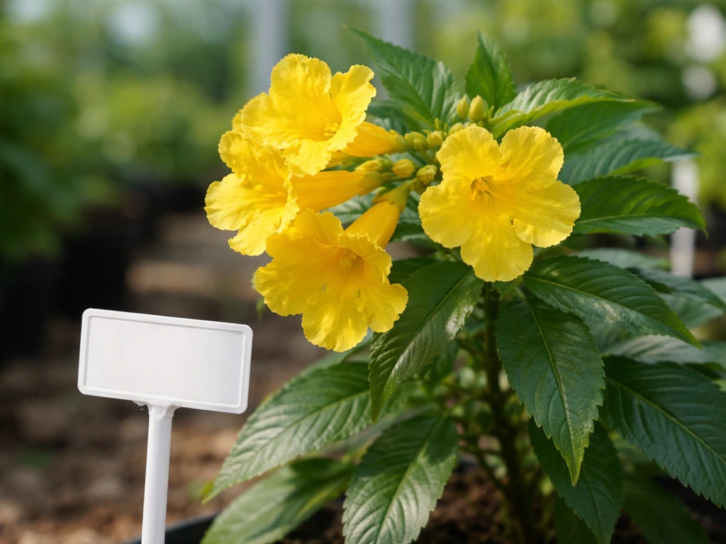 Close-up of a yellow tropical bloom beside a blank plant tag in a greenhouse, focused on flower ruffling