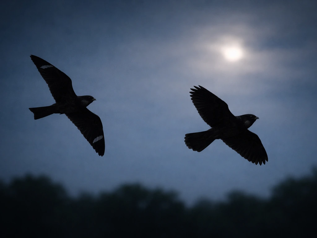 Two distinct night bird silhouettes side by side in twilight sky for easy nighthawk vs whippoorwill comparison