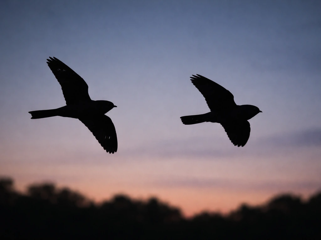 Two nighthawk and whippoorwill silhouettes in low light, side-by-side size comparison in flight