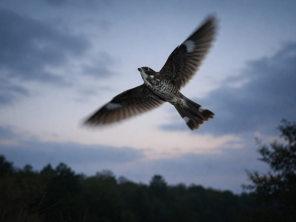 Common nighthawk banking high above treetops in erratic, acrobatic flight at dusk.