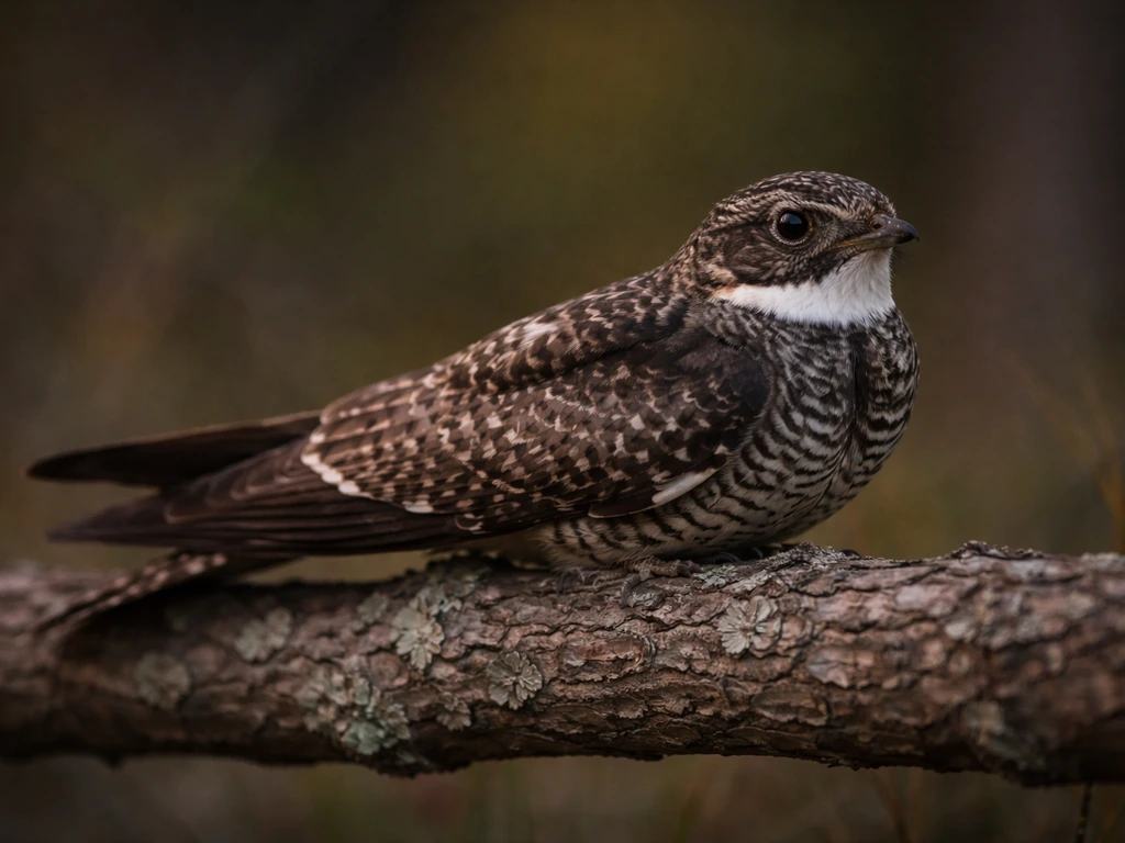 Common nighthawk perched on a branch, bright white throat patch visible and long pointed wings extending past the tail.
