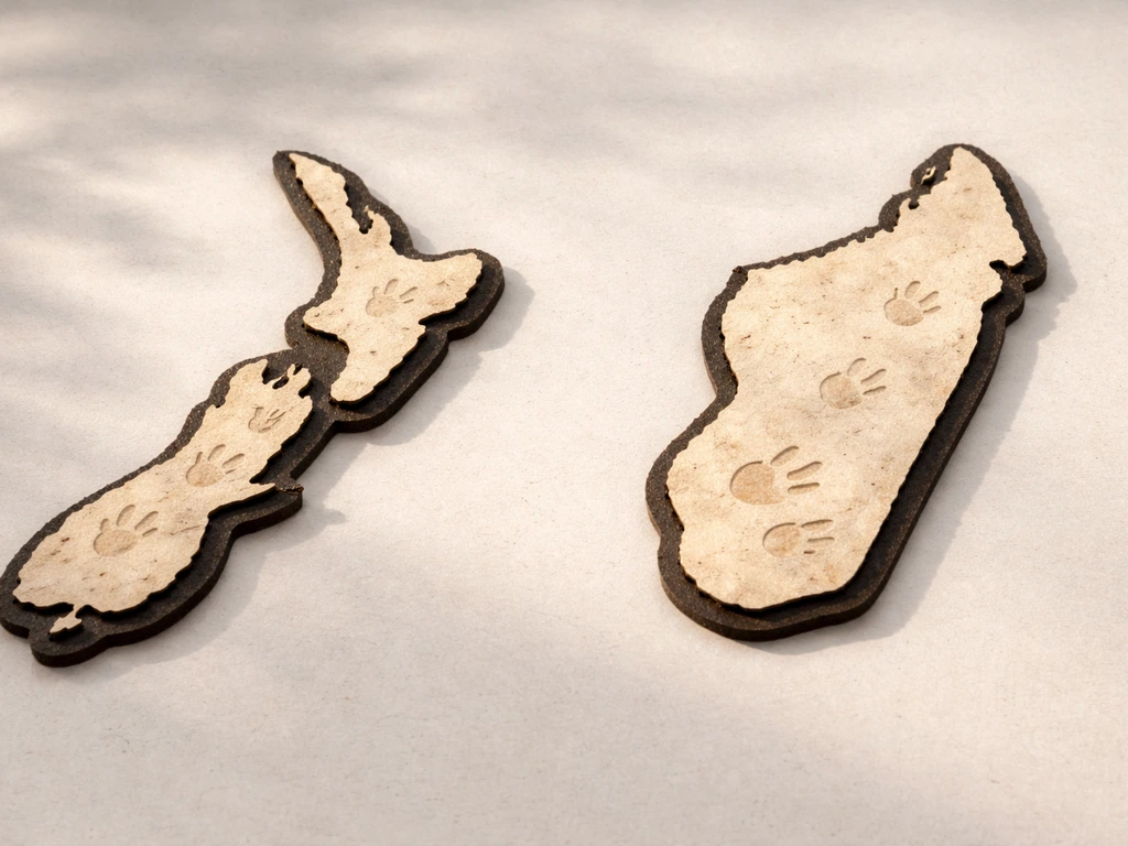 Minimal map-style cue with separate silhouettes for New Zealand giant moa and Madagascar elephant bird ranges.