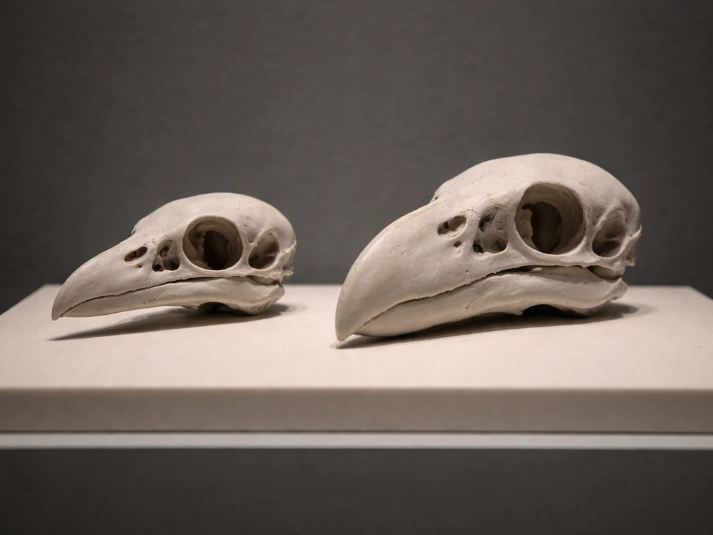 Museum-style close-up showing two reconstructed bird skulls and beaks for head-proportion comparison