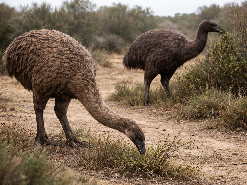 Moa browsing low twigs and seeds while an elephant bird forages in taller vegetation, contrasting postures.