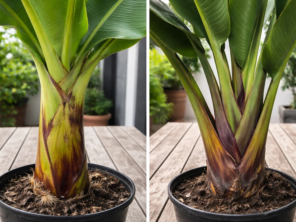 Close-up comparison of banana plant base with layered pseudostem and bird of paradise leaf emergence.