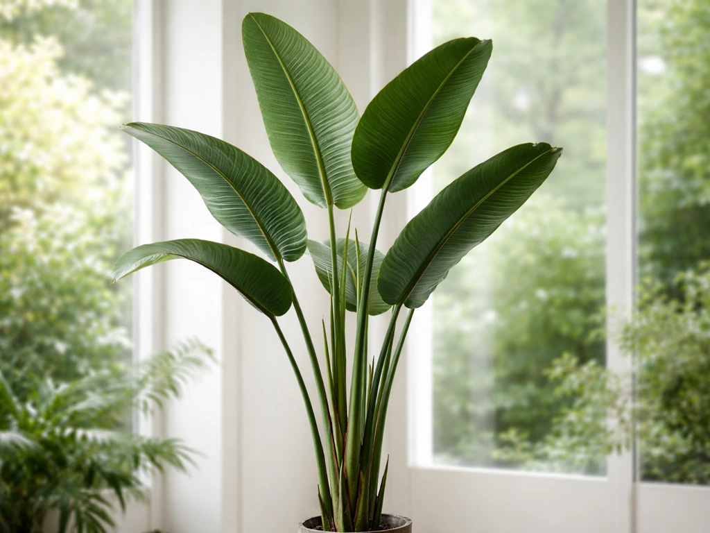 Tall white/giant bird of paradise plant with arching leaves in a bright, minimal indoor space.