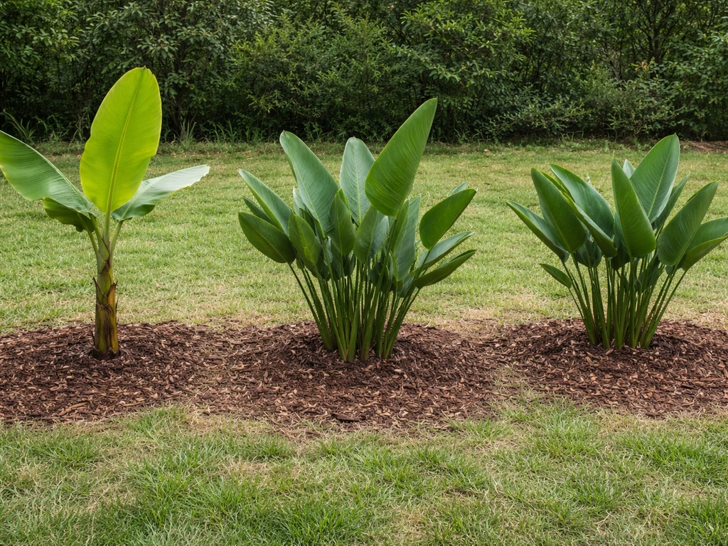 Garden plants side-by-side at ground level, highlighting spacing and clumping vs pseudostem structure.