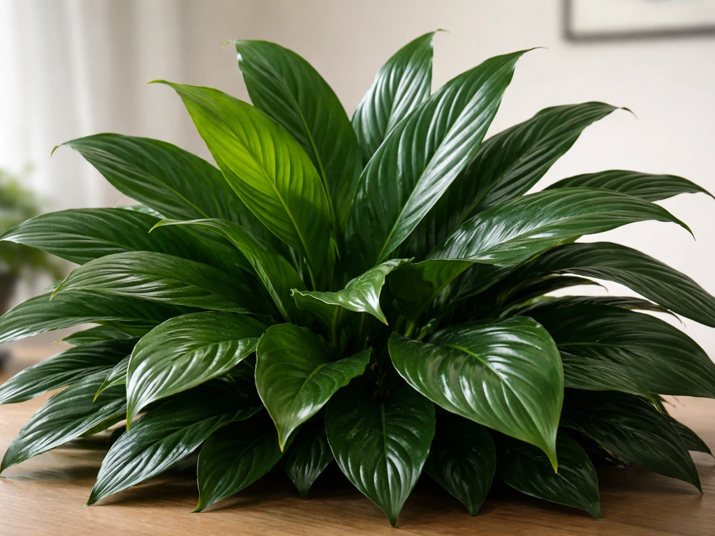 Close-up of peace lily foliage with glossy leaves forming a low clumping mound growth shape.