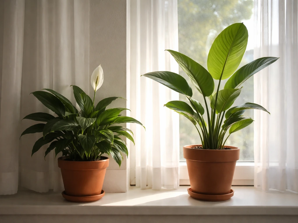Peace lily farther from a window and bird of paradise closer, showing dim vs bright filtered light.