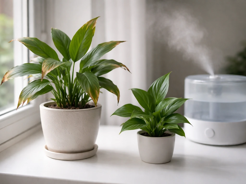Peace lily with brown leaf tips beside a healthier leaf and a small humidifier on a table.