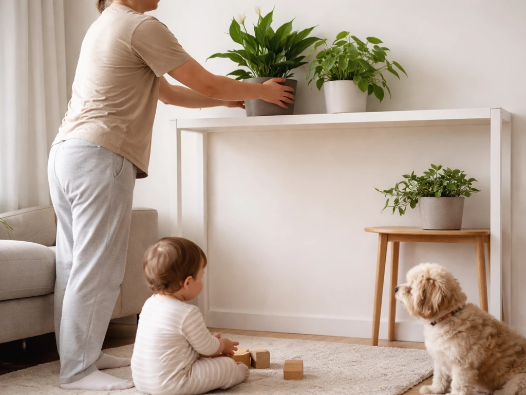 Anonymous parent moving potted peace lily and another plant to a high shelf, keeping child and pet away.