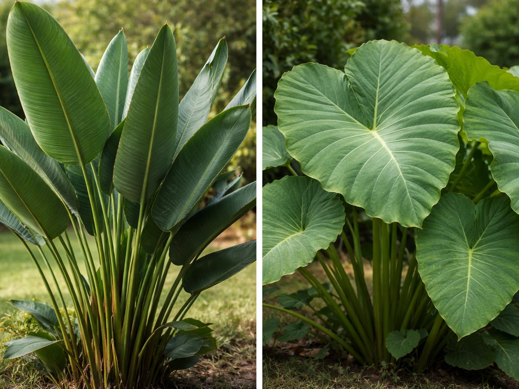 Close-up of bird of paradise long paddle leaves beside broad arrowhead elephant ear leaves for comparison