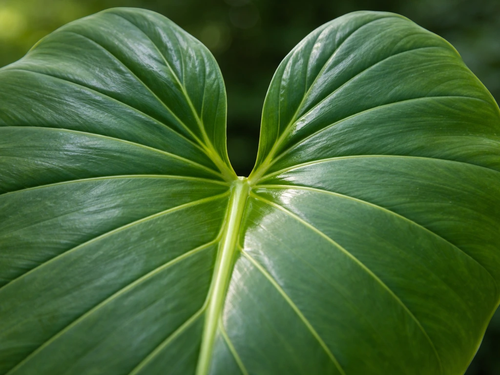 Macro close-up of an elephant ear leaf showing the deep basal notch where the petiole attaches.
