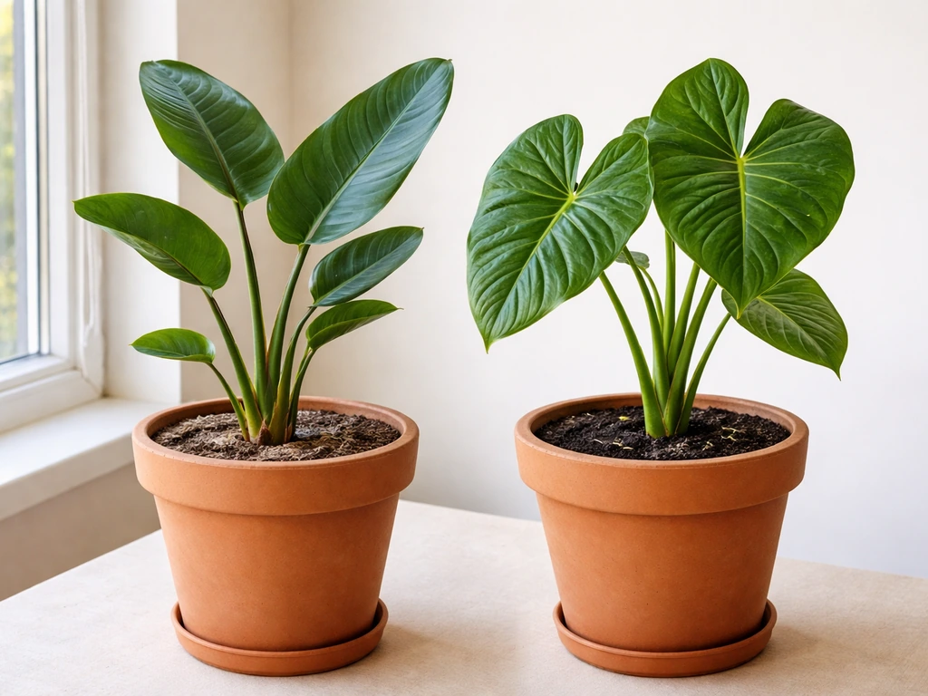 Two potted tropical plants showing different soil moisture: one well-drained drier, one evenly moist.