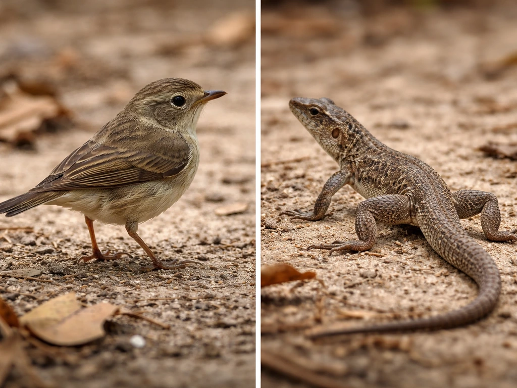 Split-screen: bird side view vs lizard side view, hips and tail bases visible for quick field ID.