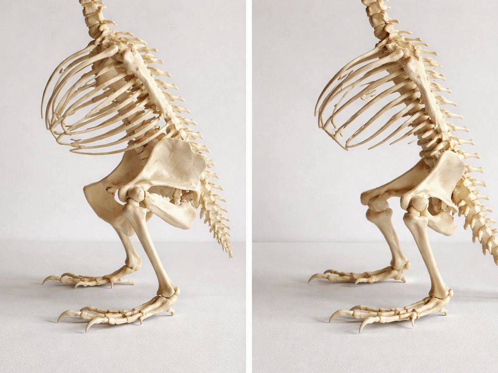 Minimal side-by-side photo scene showing a bird-like rump bone shelf and a lizard pelvic area with legs attached.