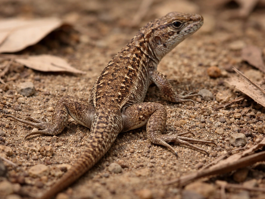 Rear/3-4 view of a lizard in the field with hindlimbs splayed outward from the body.