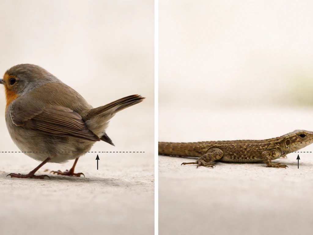 Side-by-side comparison: bird tail base sits at/above leg attachment, lizard tail base aligns with or below it.