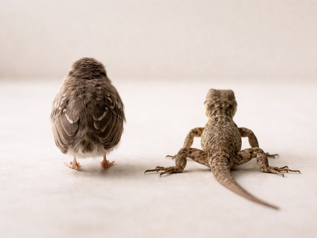 Rear-view photos showing a bird and a lizard with different leg spread on a plain background